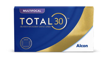Box of TOTAL30 monthly multifocal contact lenses by Alcon, featuring Water Gradient technology for people with presbyopia.