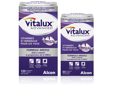 Boîte du produit Vitalux Advanced, vitamine et minéral pour les yeux par Alcon. La formule AREDS2 aide à ralentir la progression de la DMLA.