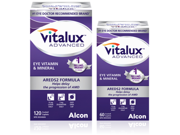Product box for Vitalux Advanced eye vitamin and mineral by Alcon. AREDS2 formula helps delay the progression of AMD.