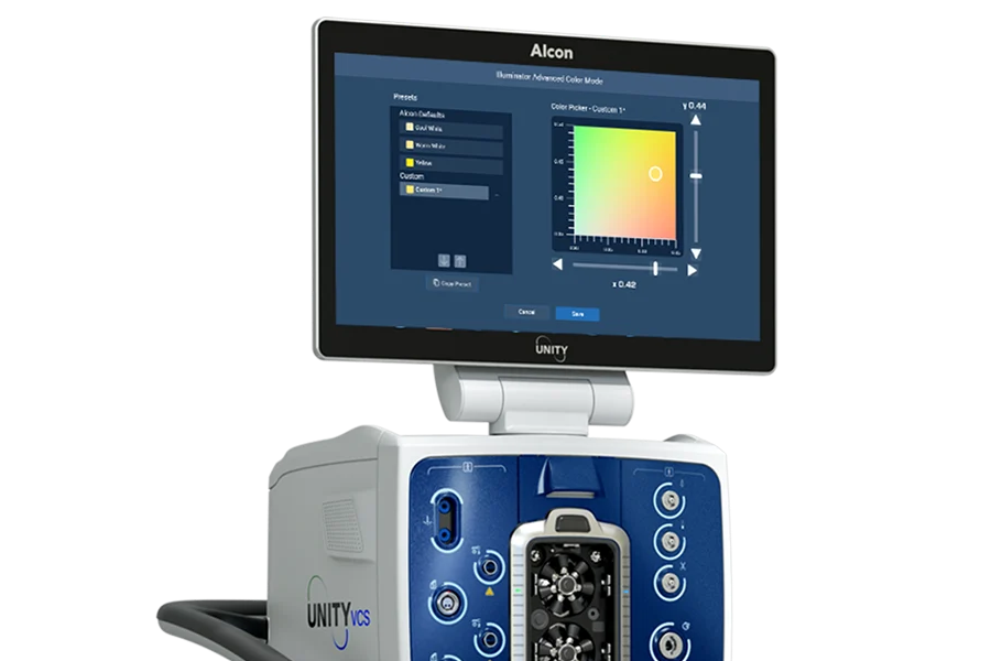 Moniteur affichant un graphique avec le texte « Le système UNITY CS maintient la PIO à ±2 mmHg », illustrant une variation stable de la pression intraoculaire dans le temps.