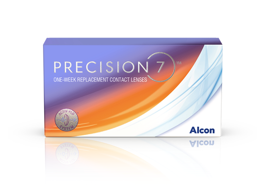 Box of Alcon PRECISION7 weekly contact lenses with ACTIV-FLO system