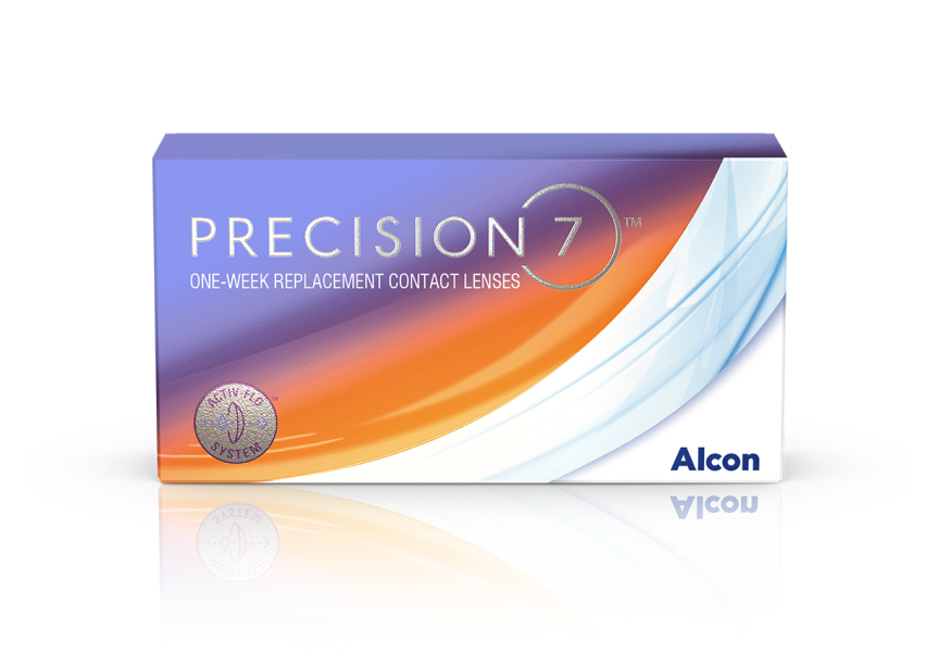 Box of Alcon PRECISION7 weekly contact lenses with ACTIV-FLO system