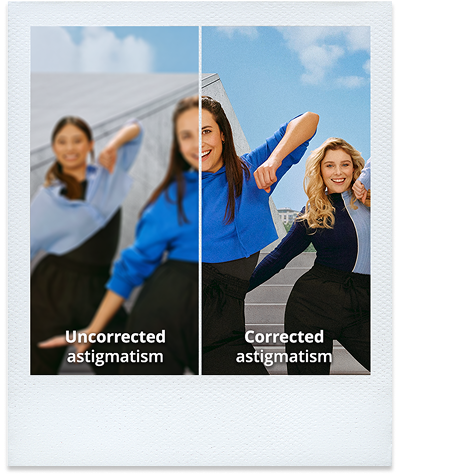 Split image showing three women posing outdoors. The left side, labeled ‘Uncorrected astigmatism,’ is blurry, while the right side, labeled ‘Corrected astigmatism,’ is clear and sharp