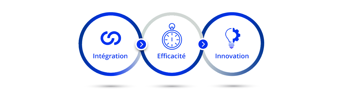 Three interlocking circles. Inside the first circle is a dark purple icon of two overlapping semi-circles with text underneath that reads “integration.” Inside the second circle is a dark purple icon of two gears behind a stopwatch with text underneath that reads “efficiency.” Inside the third circle is a dark purple icon split into half a light bulb and half a gear with text underneath that reads “innovation.”