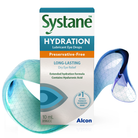 Emballage de 10 mL des gouttes ophtalmiques lubrifiantes Systane HYDRATION sans agent de conservation avec éléments graphiques évoquant l’hydratation.