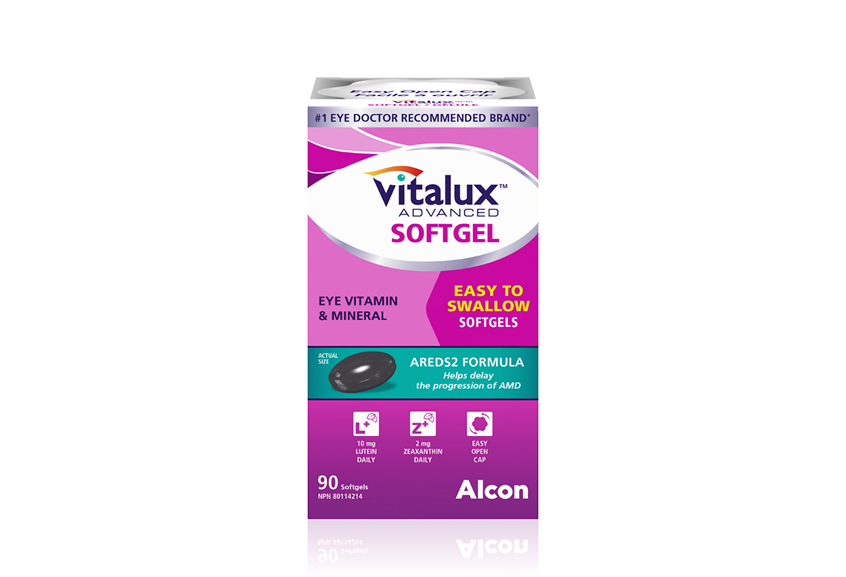 Product box for Vitalux Advanced Softgel eye vitamin and mineral by Alcon