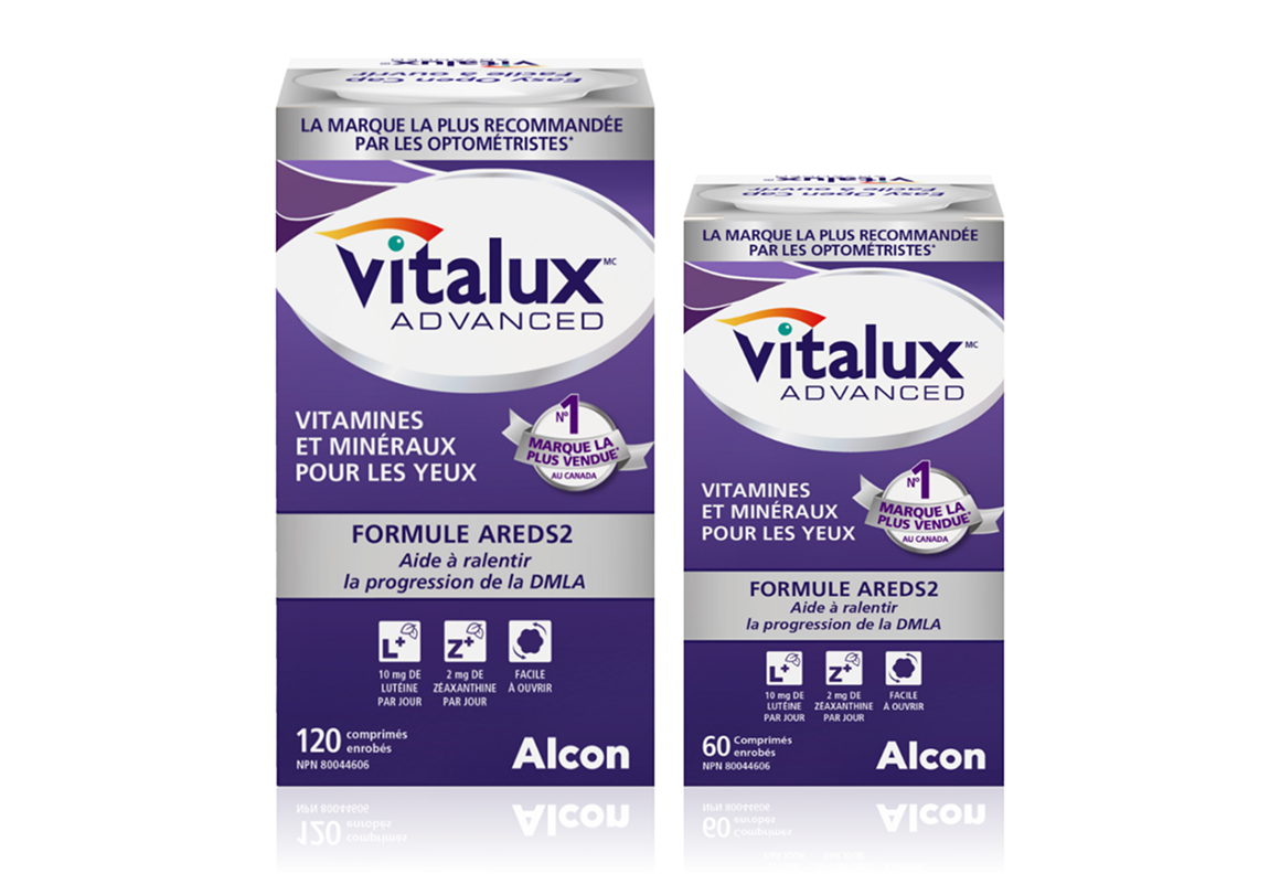 Boîte du produit Vitalux Advanced, vitamine et minéral pour les yeux par Alcon. La formule AREDS2 aide à ralentir la progression de la DMLA.