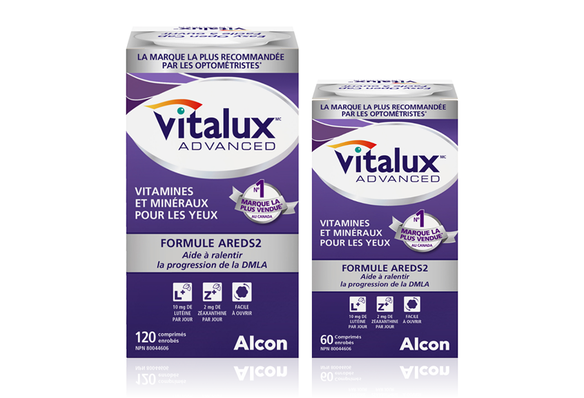 Boîte du produit Vitalux Advanced, vitamine et minéral pour les yeux par Alcon.