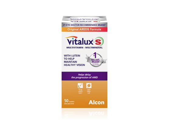 Product box for Vitalux Healthy Eyes complete ocular multivitamins by Alcon. 