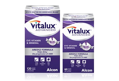 Two Vitalux Advanced AREDS2 eye vitamin products in different sizes, supporting the management of age-related macular degeneration (AMD).