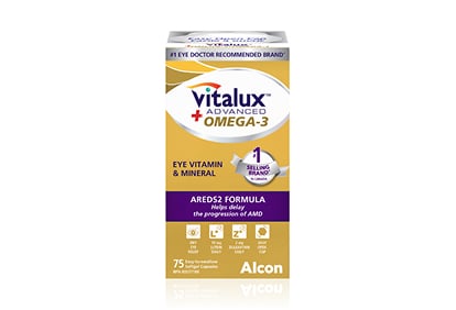 Vitalux Advanced Omega-3 eye vitamin with AREDS2 formula, combining omega-3 with nutrients to support eye health.