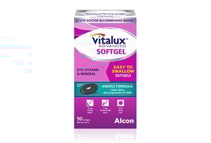 Vitalux Advanced Softgel eye vitamin with AREDS2 formula, designed for easy swallowing and supporting eye health.