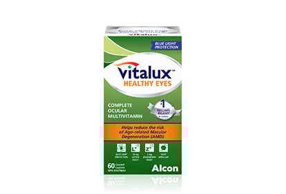 Vitalux Healthy Eyes complete ocular multivitamin with blue light protection, supporting overall eye health and helping reduce the risk of AMD.