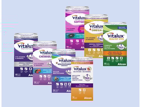 Range of Vitalux eye vitamin products in various formats and formulations, including AREDS2-based supplements for eye health.