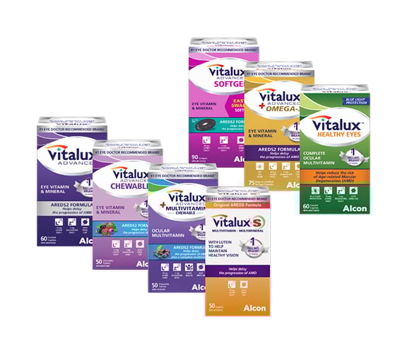 Assortment of Vitalux eye vitamin products, including AREDS2-based formulas and multivitamins, displayed in various packaging formats.