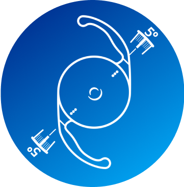 An icon of a Vivity IOL with degree measurements on either side to signify axial displacement appearing over a blue background.