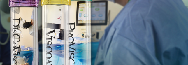 Product shots of Alcon’s Ophthalmic Viscosurgical Devices: DuoVisc, DisCoVisc, ProVisc, Viscoat, DuoVisc