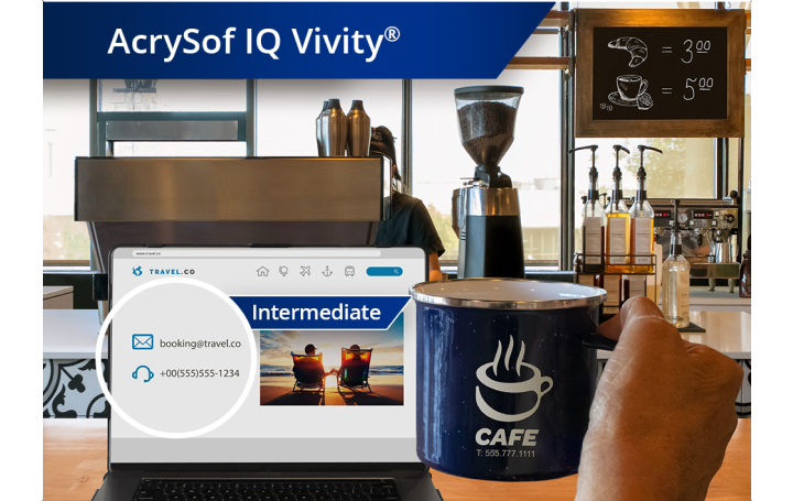 Clear image of a coffee shop with a view from the counter of coffee machines and other ingredients. A laptop is open on the countertop and an individual’s hand holds up a coffee mug to the right of the laptop screen. White text at the top left corner of this image reads “AcrySof IQ Vivity.”