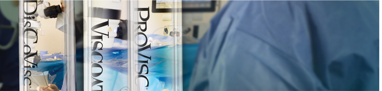 Product shots of Alcon’s Ophthalmic Viscosurgical Devices: ProVisc, Viscoat, DuoVisc.