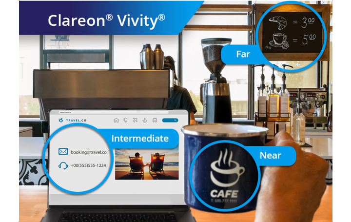 Two identical pictures side by side from the point of view of someone on their laptop at a café holding up a cup of coffee.  The picture on the left displays this point of view from someone with a monofocal IOL. There are three grey circles with text. Each circle highlights the vision of someone with a monofocal IOL at near, intermediate and far distance, with near and intermediate focal points out of focus, and distance focal points in clear focus.  The image on the right displays this point of view from someone with a Clareon Vivity IOL. There are three blue circles with text. Each circle highlights the vision of someone with the Clareon Vivity IOL at near, intermediate and far distance, with all focal points in clear focus.
