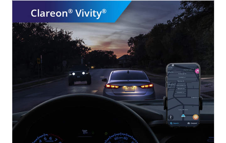 Two identical pictures side by side from the point of view of someone driving at night.  The picture on the left displays the night-driving vision of someone with a monofocal IOL, with near objects out of focus. The image on the right displays the night-driving vision of someone with a Clareon Vivity IOL, with near, intermediate and distance focal points in focus.