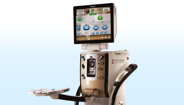 CENTURION Vision System with ACTIVE SENTRY Handpiece in front of a light-blue background.