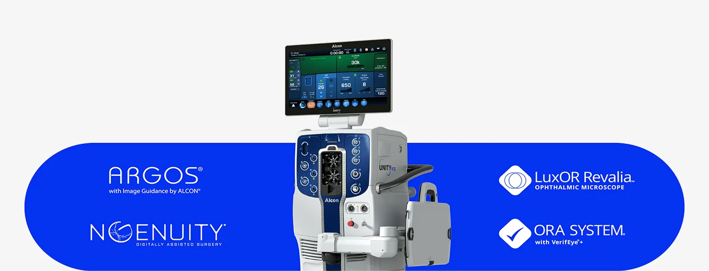 Alcon UNITY VCS surgical system with screen, shown alongside ARGOS, NGENUITY, LuxOR Revalia, and ORA SYSTEM logos