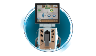 Ein Bild des Centurion® Vision Systems vor einem türkisen Kreis mit weißem Hintergrund.