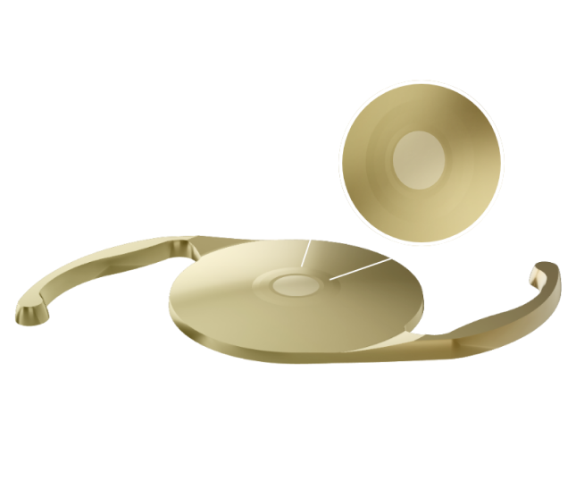 Goldenes, dreidimensionales Bild der AcrySof IQ Vivity® IOL mit weißen Linien, die das sanfte Plateau in der Mitte der Linse hervorheben, das zur Wellenfront-modulierenden Technologie der Linse beiträgt.