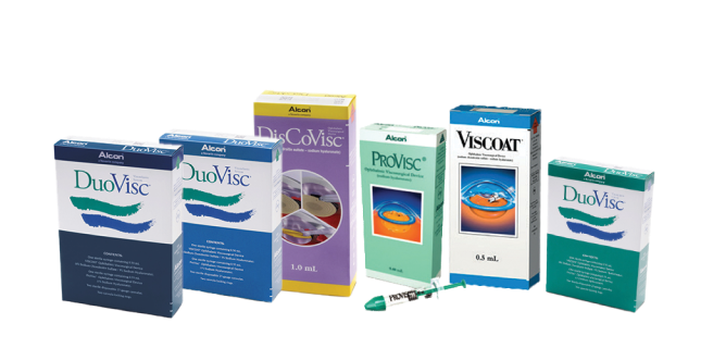 Abbildungen der Alcon Viskoelastika: DuoVisc, DisCoVisc, ProVisc, Viscoat, DuoVisc.