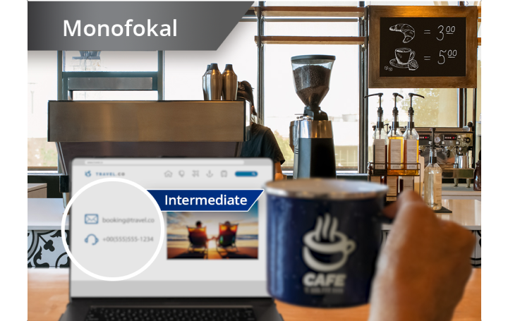 Bild eines Cafés aus dem Blickwinkel eines Betrachters hinter dem Tresen auf Kaffeemaschinen und andere Utensilien. Ein Laptop steht geöffnet auf dem Tresen, jemand hält links davor einen Kaffeebecher. Die Bereiche des Bildes in Armlängenentfernung und auf dem Tresen erscheinen unscharf/ verschwommen. Der weiße Text links oben besagt “Monofokallinse”. 