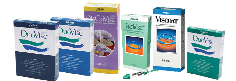Abbildungen der Alcon Viskoelastika: DuoVisc, DisCoVisc, ProVisc, Viscoat, DuoVisc