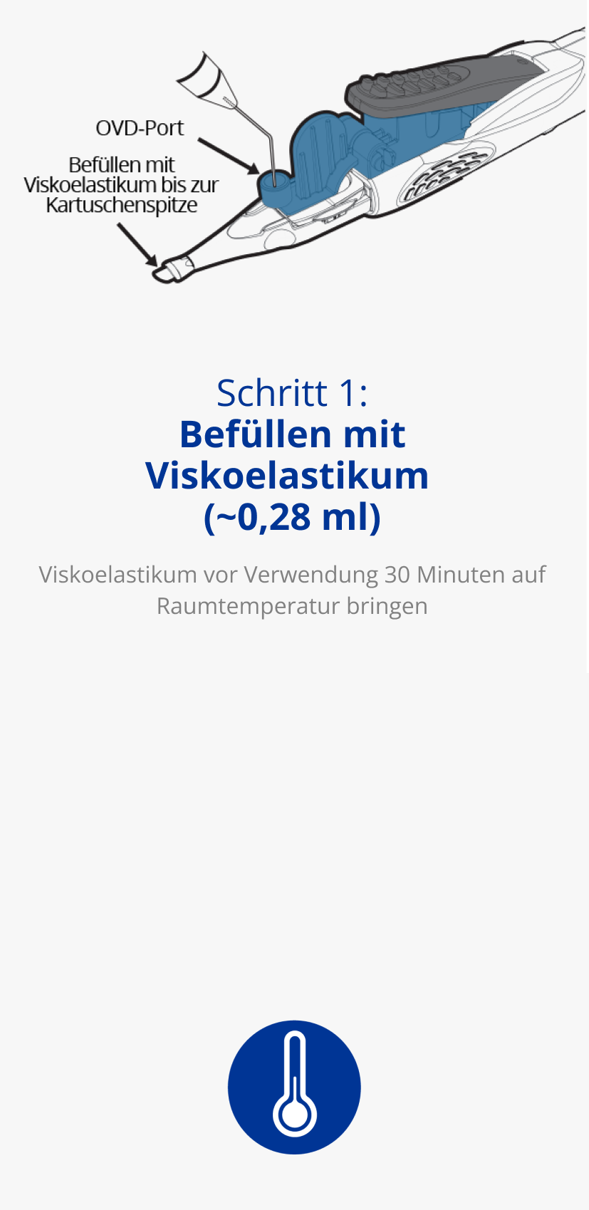 Grafik des AutonoMe® Implantationssystems. Ein schwarzer Pfeil zeigt auf einen Teil des Systems und besagt “OVD-Port”. Ein zweiter schwarzer Pfeil zeigt auf die Kartuschenspitze und besagt: “Befüllen mit Viskoelastikum bis zur Kartuschenspitze”. Blaues Symbol eines Thermometers.   