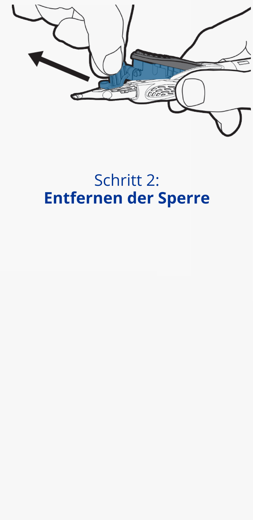 Illustration einer Hand, die das AutonoMe® Implantationssystem hält. Ein schwarzer Pfeil zeigt weg von der Kartuschenspitze, um die Zugbewegung anzuzeigen.