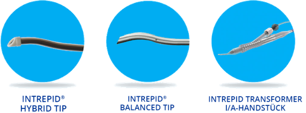 INTREPID Hybrid Tip, INTREPID Balanced Tip, und INTREPID Transformer I/A-Handstück jeweils auf einem blauen Kreis als Hintergrund.