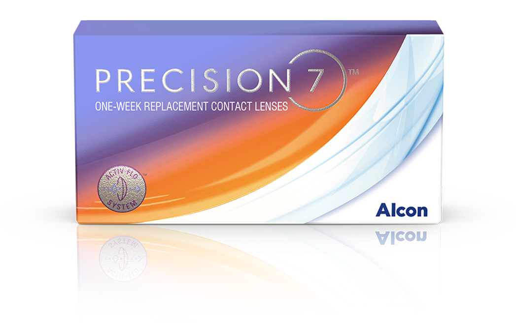 Produktverpackung von PRECISION7 Kontaktlinsen mit wöchentlichem Austausch, Alcon Branding und ACTIV-FLO System.