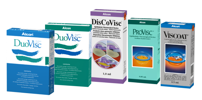 Imagen de dispositivos viscoquirúrgicos oftálmicos de Alcon: DuoVisc, DisCoVisc, ProVisc, Viscoat