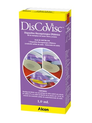 Caja de producto OVD DuoVisc de Alcon. Este producto contiene 1ml de DisCoVisc.