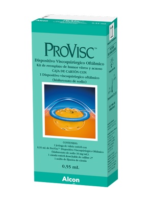 Caja de producto OVD DuoVisc de Alcon. Este producto contiene 0,35 ml de Viscoat y 0,40 ml de ProVisc.