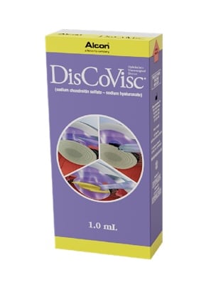 Caja de producto OVD DuoVisc de Alcon. Este producto contiene 1ml de DisCoVisc.