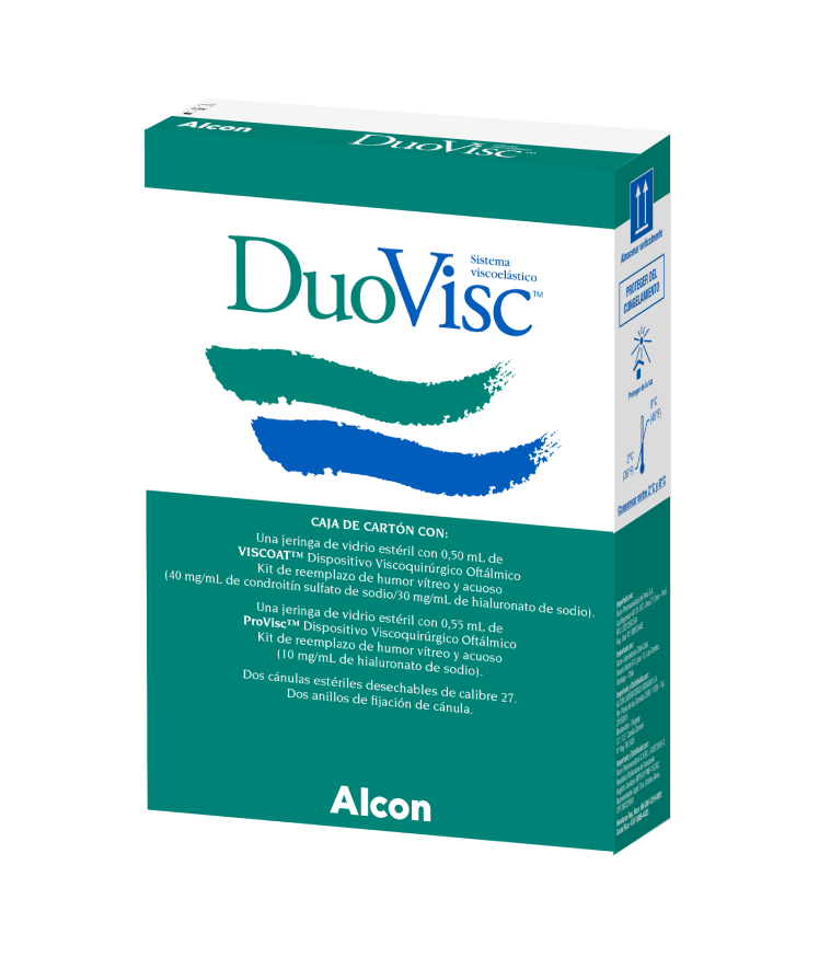 Caja de producto OVD DuoVisc de Alcon. Este producto contiene 0,55 ml de ProVisc.