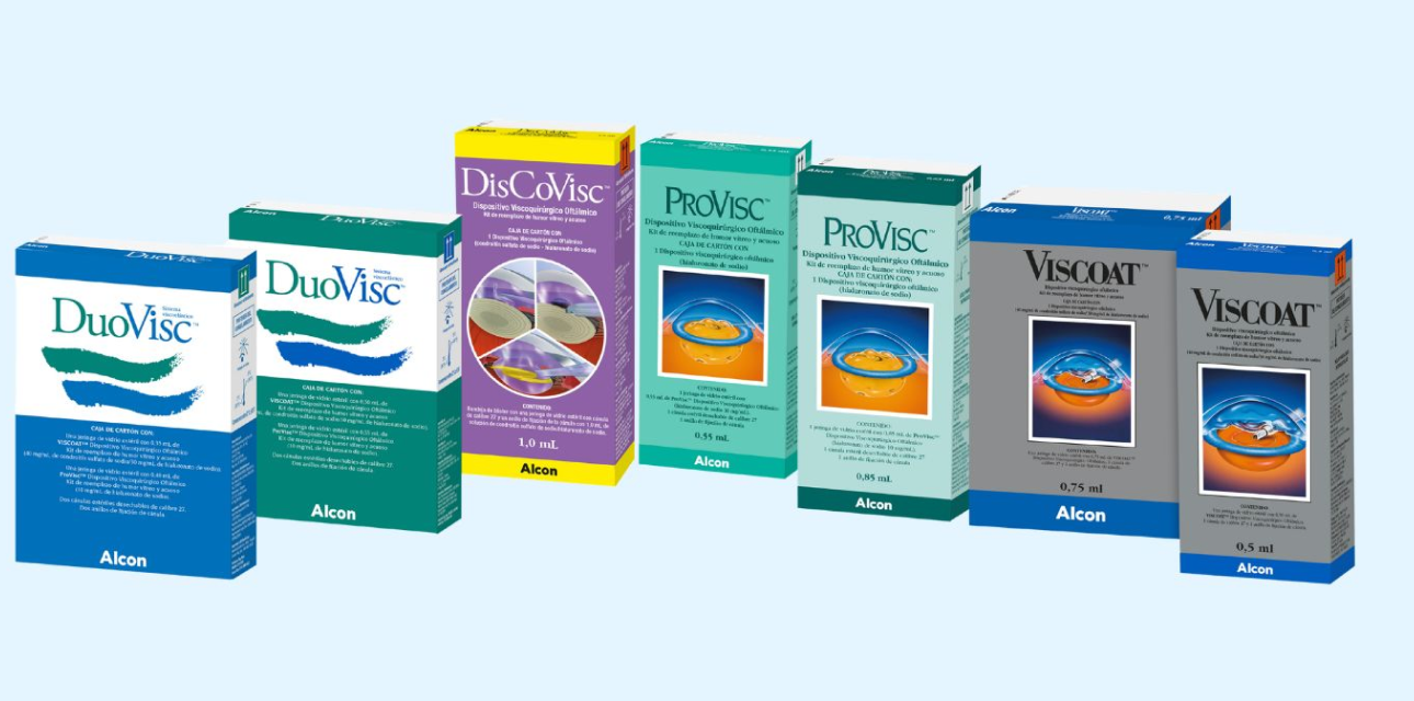 Imagen de dispositivos viscoquirúrgicos oftálmicos de Alcon: DuoVisc, DisCoVisc, ProVisc, Viscoat