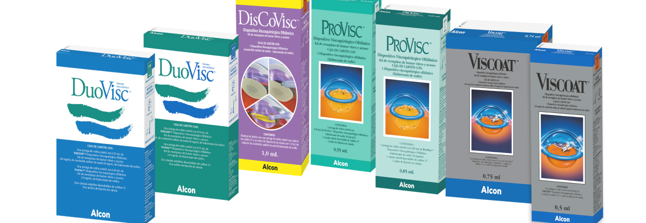 Imagen de producto de los viscoelásticos oftálmicos de Alcon: DuoVisc, DisCoVisc, ProVisc, Viscoat