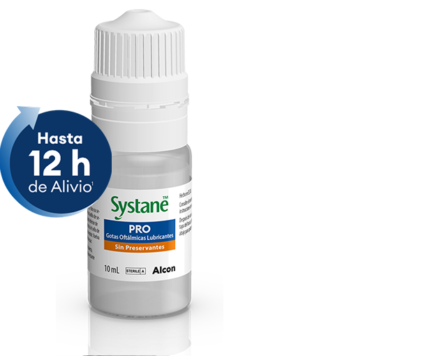 Frasco de Systane PRO sin conservantes, gotas oftálmicas lubricantes, con indicación de hasta 12 horas de alivio del ojo seco.