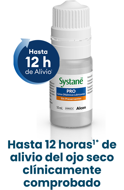 Frasco de Systane PRO sin conservantes con indicación de hasta 12 horas de alivio, acompañado de texto que destaca alivio del ojo seco clínicamente comprobado.