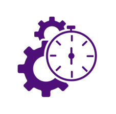 Icono morado que muestra un cronómetro con 2 engranajes tras él.