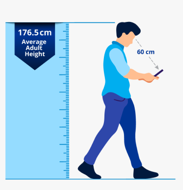 Ilustración de un hombre mirando la pantalla de su teléfono. La distancia de sus ojos a la pantalla del teléfono es de 60 cm. Una regla azul con un texto que dice “176 cm. Altura media de un adulto” situada tras el hombre para mostrar su altura.