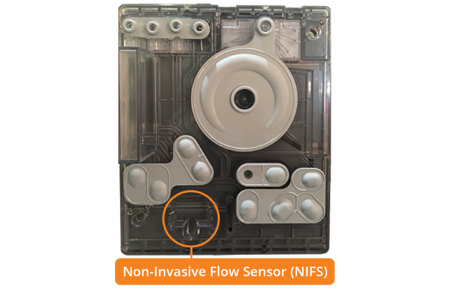 Primer plano del sensor de flujo no invasivo.
