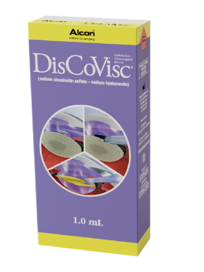 Caja de producto OVD DuoVisc de Alcon. Este producto contiene 1ml de DisCoVisc.