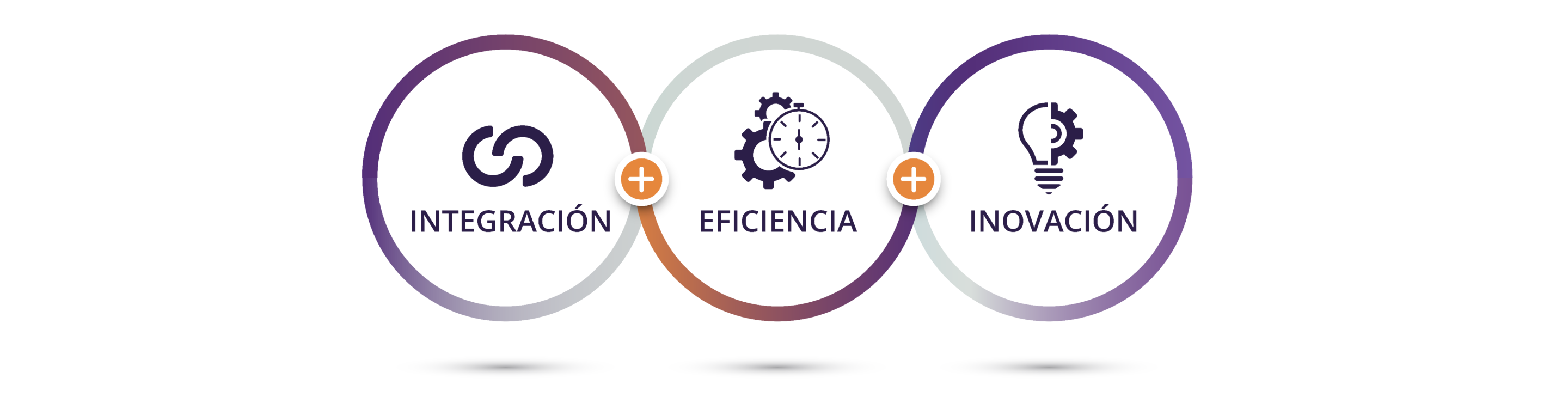 Tres círculos interconectados. Dentro del primer círculo hay in icono morado oscuro de dos semicírculos sobrepuestos con texto debajo que dice: “integración”. Dentro del segundo círculo hay un icono morado oscuro de dos engranajes detrás de un cronómetro con texto debajo que dice: “eficiencia”. Dentro del tercer círculo hay un icono morado oscuro dividido en dos de una bombilla y medio engranaje con texto debajo que dice: “innovación”.